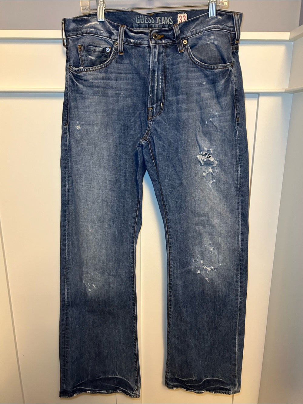 GUESS Men's Distressed Dark Blue Straight Jeans